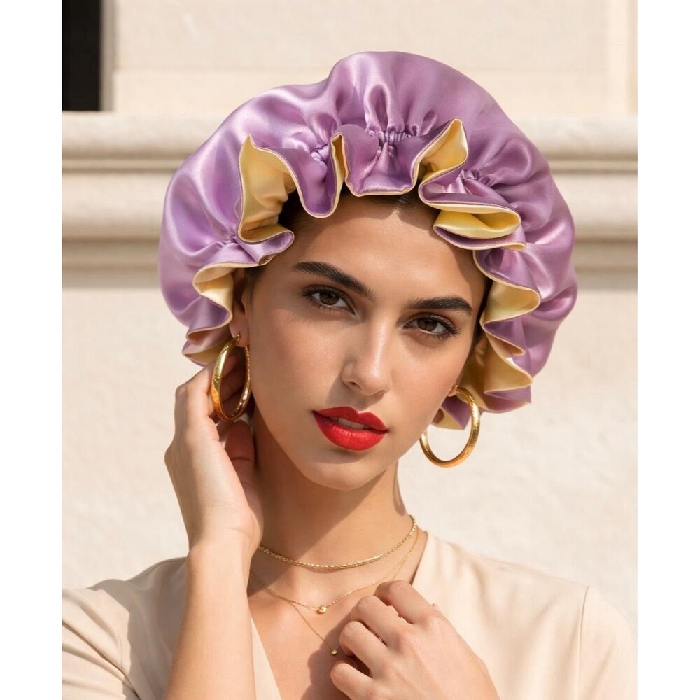 Reversible Satin Sleep Bonnet Hat – Purple & Yellow – Extra Large, Elastic Fit - Picture 2 of 16